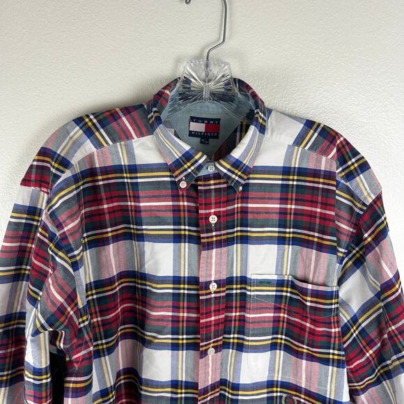 Tommy Hilfiger Mens Button Up Shirt Crest Logo Red Plaid Vintage Size Medium Y2K - Picture 4 of 7